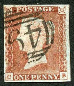 1841 Penny Red (CB) Fine Four Margins WORN PLATE