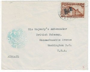 Costa Rica 1942 San Jose cancel on British Legation cover to the U.S., Scott 216