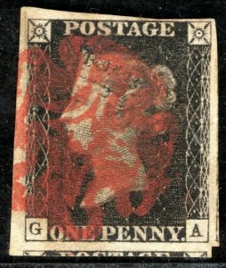 GB PENNY BLACK QV Stamp SG.2 1d Plate 8 (GA) (1840) Used Red MX Cat £525 GRED38