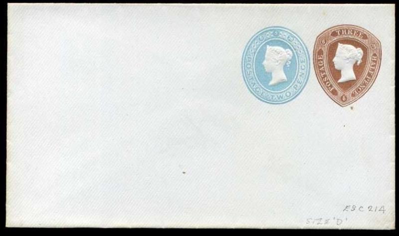 ESC214 QV 1878 1½d & 2d Stamped to Order Size D Envelope Unused