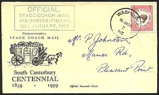 NEW ZEALAND 1959 Stage Coach commem cover, Washdyke skeleton cancel........76322