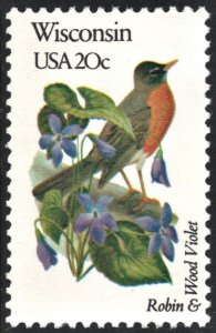 SC#2001 20¢ State Birds & Flowers: Wisconsin (1982) MNH