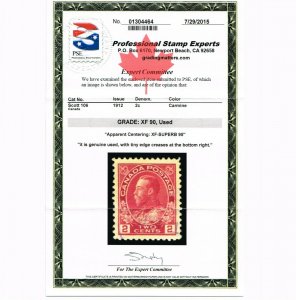 EXCEPTIONAL GENUINE CANADA SCOTT #106 USED PSE CERT GRADED XF-90 APPARENT SUP-95