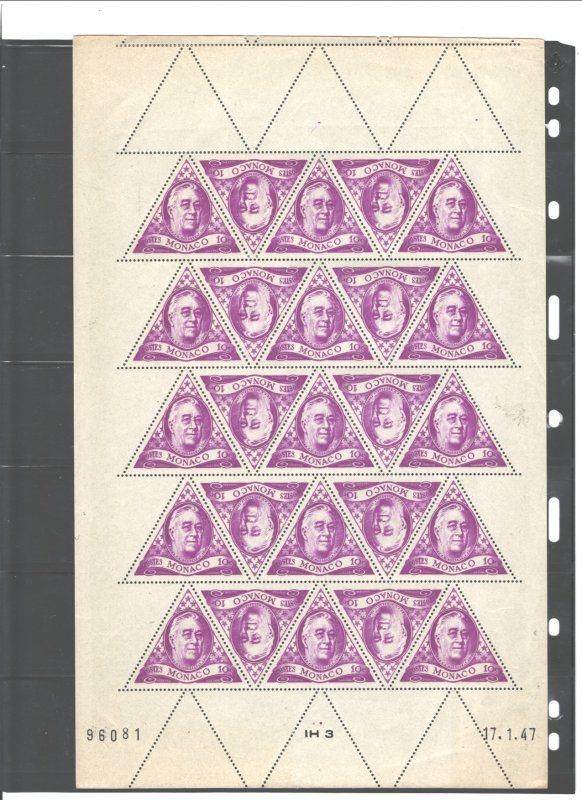 MONACO 1946 #198 FULL SHEET 'ROOSVELT MNH ORIG. GUM; NO FOLDS