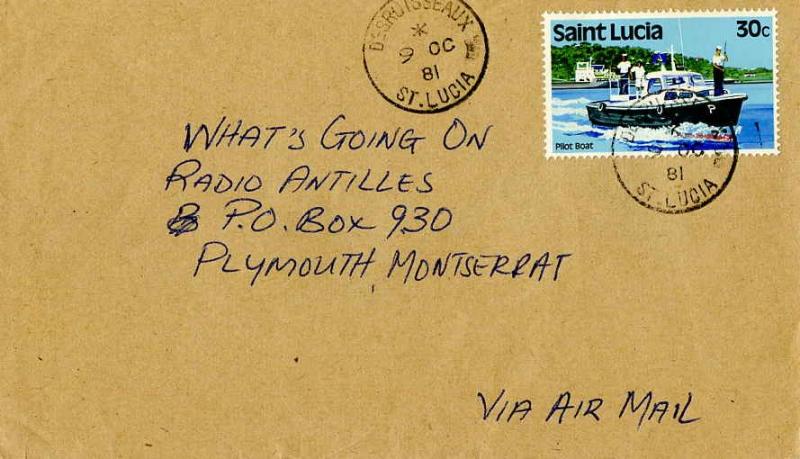 Saint Lucia 30c Pilot Boat 1981 Desruisseaux, St. Lucia Airmail to Plymouth, ...