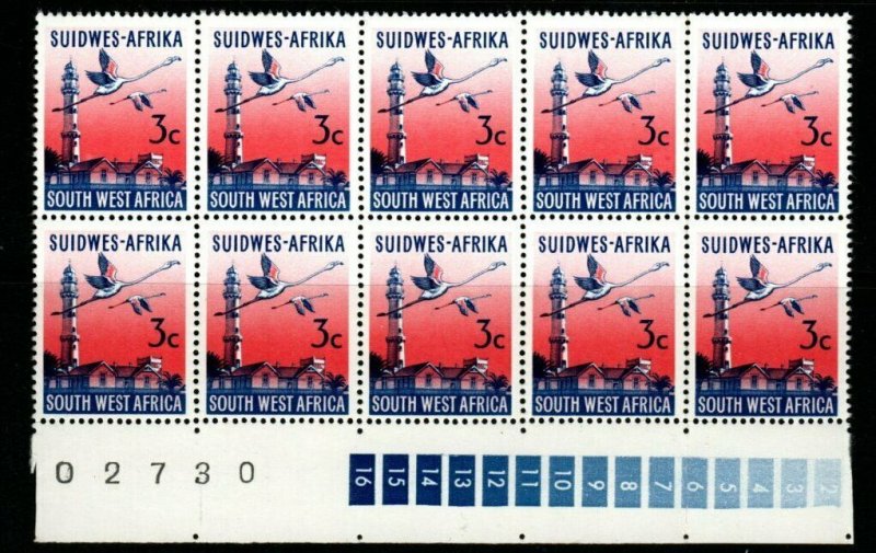 SOUTH WEST AFRICA SG240 1973 3c DEFINITIVE BLOCK OF 10 MNH