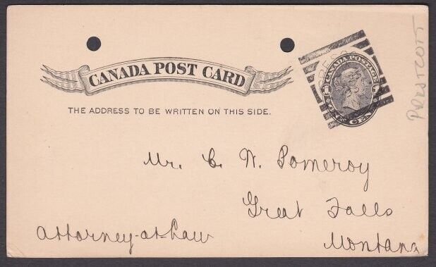 CANADA 1893 1c postcard (filing holes) PRESCOTT squared circle pmk..........x587