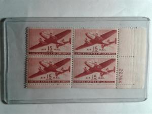 SCOTT # C28  15 CENT DESIRABLE AIR MAIL PLATE BLOCK MINT HINGED