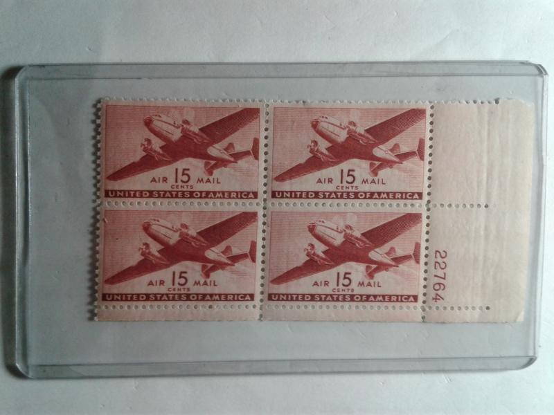 SCOTT # C28  15 CENT DESIRABLE AIR MAIL PLATE BLOCK MINT HINGED