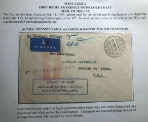 1937 Accra Gold Coast First Flight Cover FFC To Chester Pa USA Via Lagos Nigeria