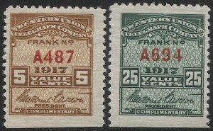 US 1917 Sc 16T51-52  MH/LH Western Union Telegraph Co., Serial #A487,A694, F-VF