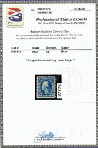 U.S. Scott 335 VF MNH with Cert.