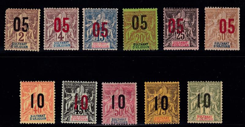 ANJOUAN - 1912 Overprints Complete set (11) F/VF/Mint(*)