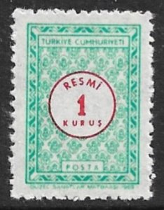 TURKEY 1969 1k Light Green and Red OFFICIAL Sc O113 MNH