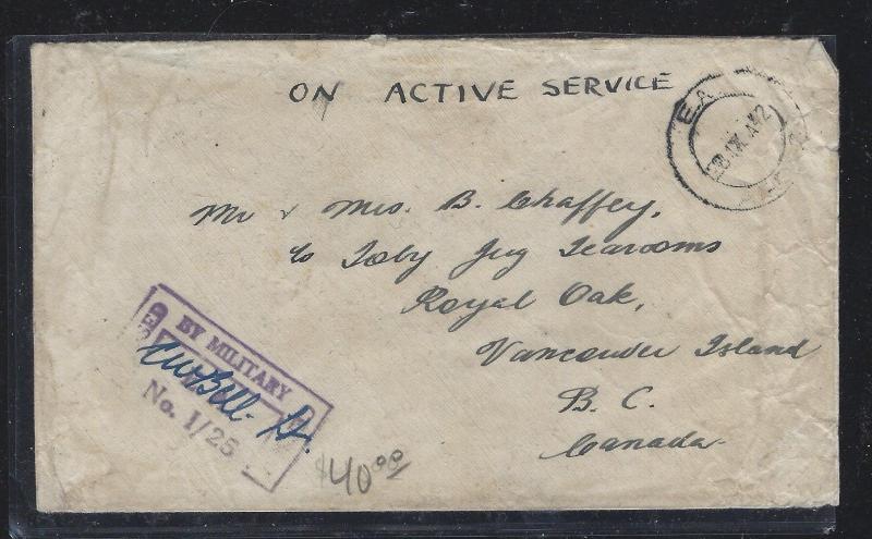 KENYA.UGANDA, TANGANYIKA (P0302B) 1942 OAS STAMPLESS CENSOR COVER TO CANADA