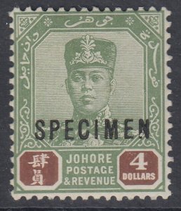 SG 123 Malaya Johore 1922-41. $4 green & brown, overprinted specimen. A fine...