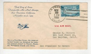 1935 TRANS PACIFIC AIRMAIL FDC C21 ESPENSHADE + FLOWN SAN FRANCISCO TO HAWAII