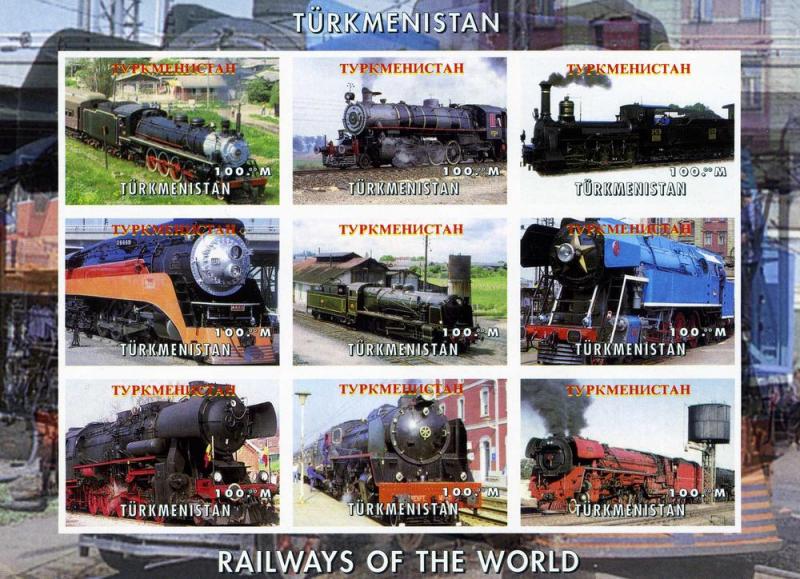 Turkmenistan 1999 TRAINS & LOCOMOTIVES OF THE WORLD Sheet Imperforated Mint (NH)