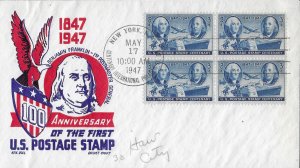 1947 DC, #947, 3c Stamp Centenary, Cachet Craft/Boll, block of 4