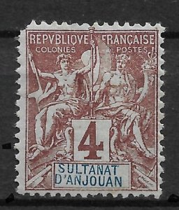 French Anjouan 1892, Navigation & Commerce, 4c, Scott # 3, VF MH*OG (SL-1)