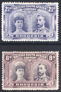 Rhodesia 1910 2.5d & 8d PERF 13.5 SG 184-185 Sc 104c&109a MM/MH Cat £98($120)
