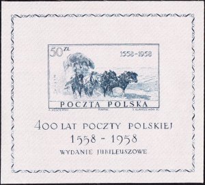 Poland 1958 MNH Stamps Souvenir Sheet Scott 830 400 Years of Polish Post S Coach