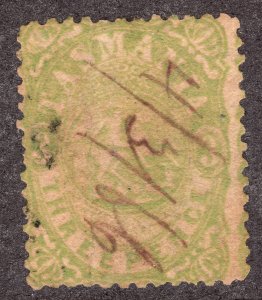 1866 Tasmania QV 3p Green Wmk 139 CV $800.00? pen cancel perf 12½ Sc# AR15