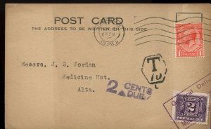 1928 GB post card to Medicine Hat T10 due 2cents J2 tied  Canada