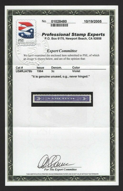 SCOTT #RJA78b XF-OGnh Gem Quality! w/PSE Cert. (LB 01/01)