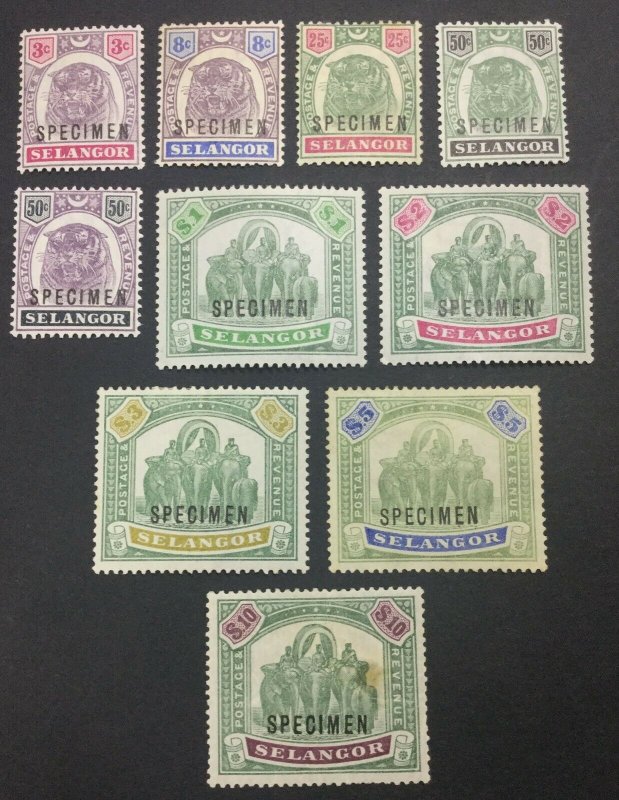 MOMEN: MALAYA SELANGOR SG #54s,56s-65s 1895-99 SPECIMEN MINT OG H/NH LOT #60895