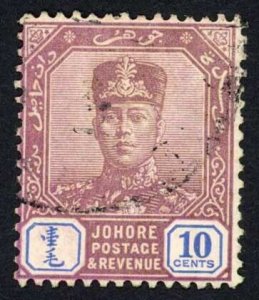 Johore 1922-41 SG.111 10c dull purple and blue wmk Script CA used cat 35 pounds