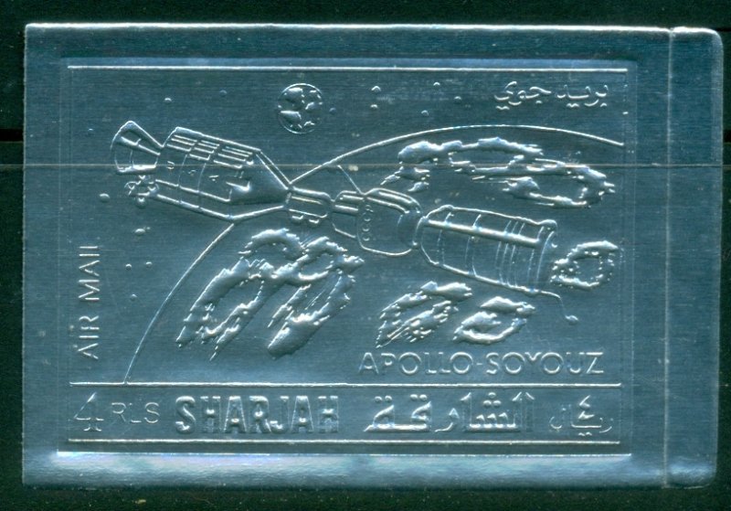 Sharjah 1972 Mi#1065B Space Achievement, Apollo-Soyuz Silver Foil embossed IM...