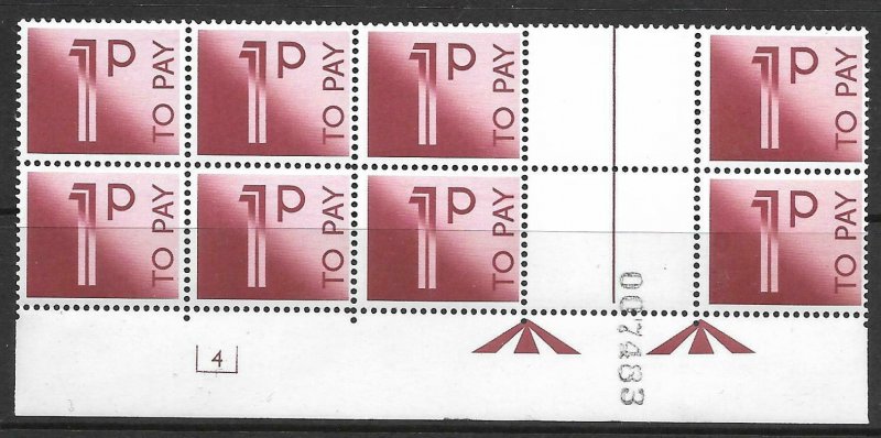 D90 1p 1982 Decimal Postage Due Cyl 4 block of 8 UNMOUNTED MINT