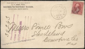 USA 1891 Watertown South Dakota RPO Stock Breeders Shadetown PA Cover 108451