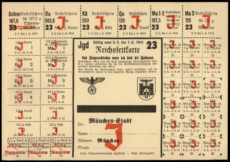 3rd Reich Germany 1941 Munich Butter and Lard Ration Card for Jewish Child 96257