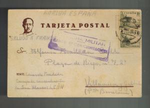 1939 Leon Spain Internment camp postcard cover Eduardo Foradada to Barcelona