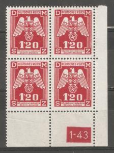 Bohemia & Moravia 1943,German occupation,1.20K,Sc O19,Mi19 plate Block MNH**