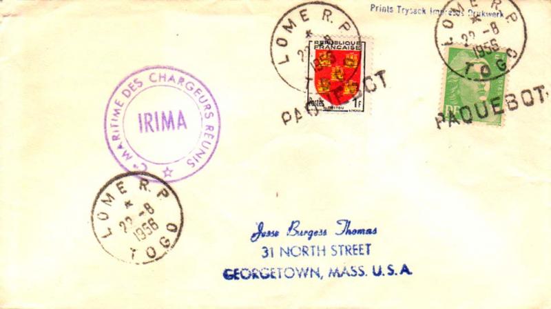 Togo France 1F Poitou Arms and 5F Marianne 1956 Lome R.P. Togo Paquebot Hoski...