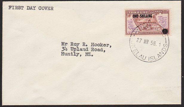 TOKELAU IS 1956 1/- OVERPRINT FDC, Nukunono cds.............................6619