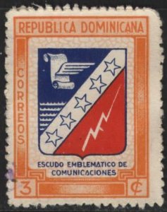 Dominican Republic 417 (used) 3c communications emblem, org border (1945)