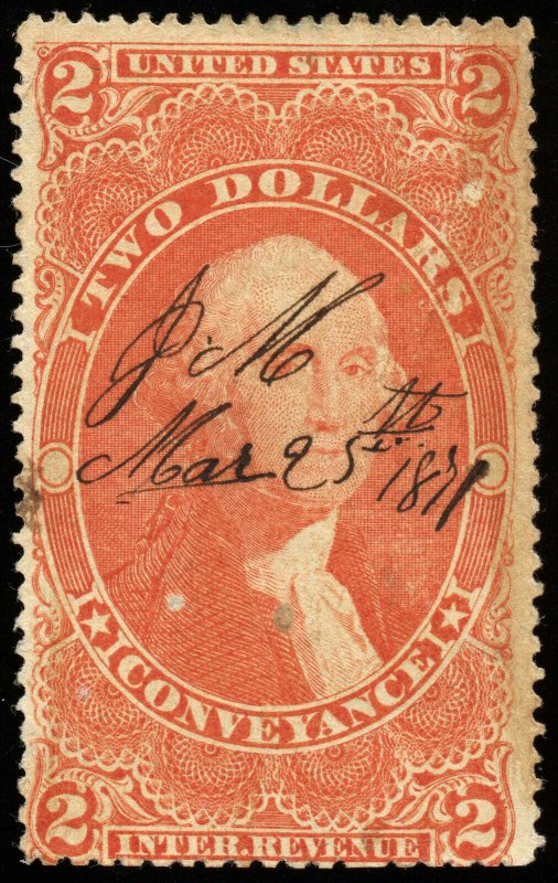 v26 U.S. Revenue Scott #R81d $2 Conveyance silk paper, 1871 manuscript cancel