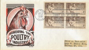 1948 FDC, #968, 3c Poultry Industry, Cachet Craft/Boll, block of 4