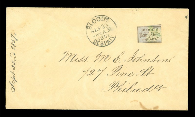 US 1857.SEP.23  Blood's Dispatch  (one cent) Local stamp Scott # 15L14 on cover