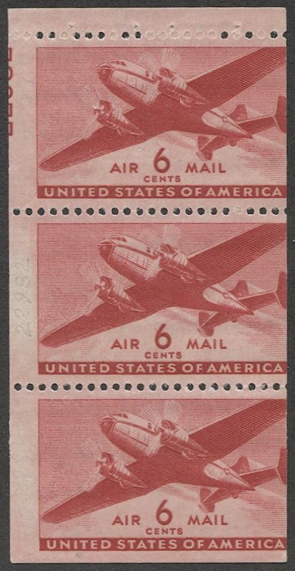 US Sc C25a MNH 6c Transport Airmail Mis-cut Booklet Pane, Partial P#22982