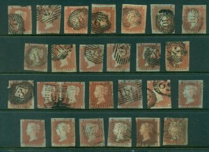 GB 1854 on QV Portrait 1d red, red brown Imperfs, most Numeral Cancels (26) FU