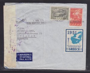 GREECE 1951 CENSORED AIRMAIL HOMECOMING YEAR CINDERELLA LABEL COVER TO ZURICH