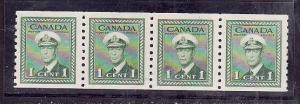 Canada-Sc#278-unused og, NH 1c green KGVI coil strip of 4-perf 9.5 vertical-1948