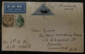 1929 Folkestone South Africa First Flight Airmail Cover FFC To Denver Co USA