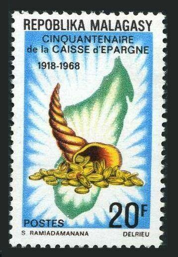 Malagasy 419 two stamps,MNH.Mi 592. Saving Bank 1968.Map,Cornucopia with coins.