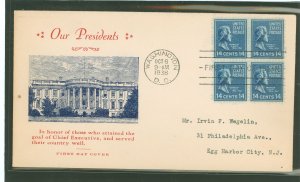 US 819 1938 14c Franklin Pierce (part of the presidential-prexy definitive series) block of four on an addressed first day cover